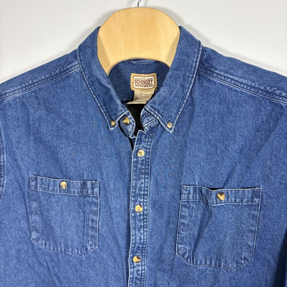 CE Schmidt Workwear Mens 2XLT Blue Denim Short Sleeve Button Down Shirt